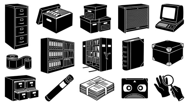 Black and White Silhouette Icons: Archival Records, Documentation, Research, and Information Management Elements