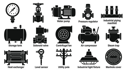 Obraz premium Industrial Equipment Icons: Black and White Vector Set of Machinery and Utilities