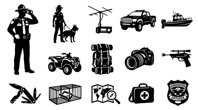 Outdoor Law Enforcement and Park Ranger Glyph Icons Set. Conservation Officer Equipment, Vehicles, Personnel Silhouette.