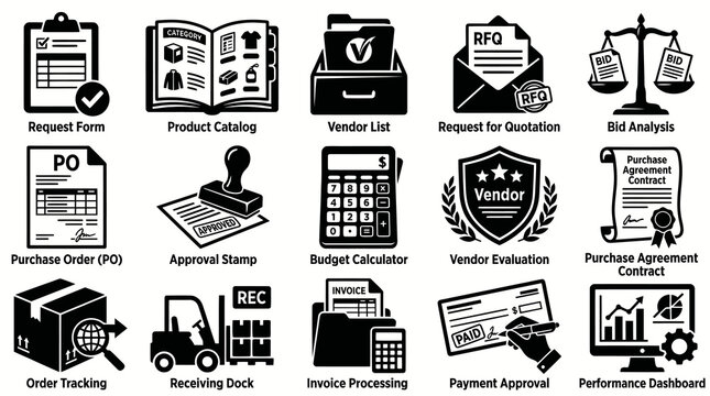 Procurement  Supply Chain Management Business Glyph Icons Set. Purchasing, Vendor, Inventory, Finance Operations.