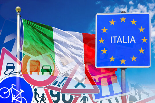 Italienische Flagge, Schild Italien an der Grenze und Verkehrsschilder als Symbol f&uuml;r die Regeln im Stra&szlig;enverkehr in Italien