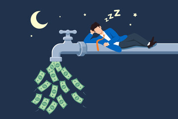 Fototapeta premium Flat illustration of businessman sleeping on pipe with money flowing from faucet symbolizing passive income recurring revenue cash flow investment return and wealth generation