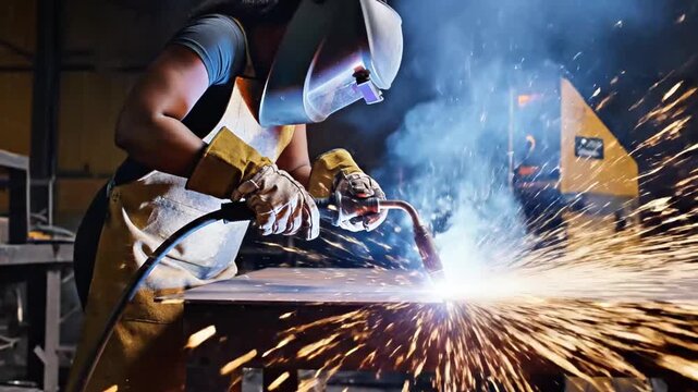 A person in protective gear welding metal, creating sparks and smoke in a workshop