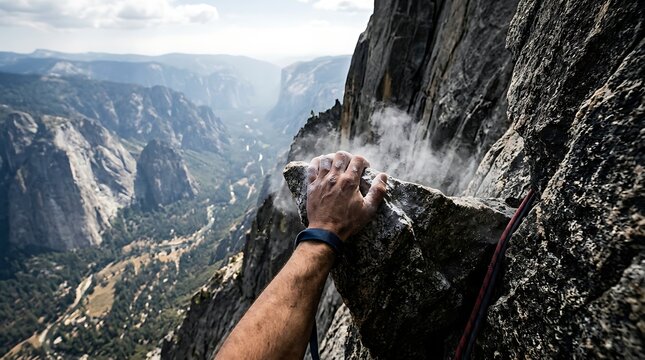 Rock climber hand gripping a mountain ledge overlooking a vast valley
