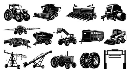 Obraz premium Agriculture Farm Equipment Black and White Vector Set - Machinery and Vehicles Glyph Illustrations