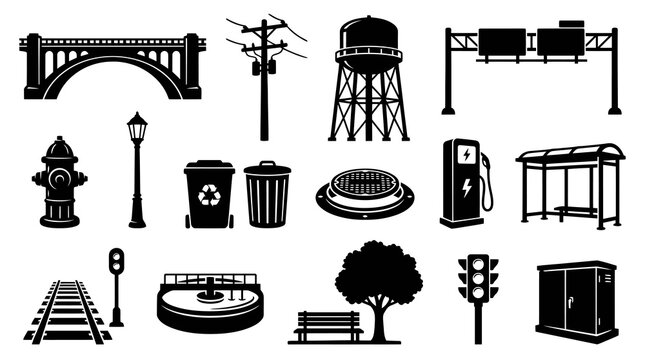 Black and White Icons of Urban Infrastructure and Transport Systems