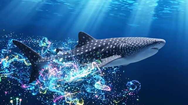 Whale shark swims through glowing particles and coral reef