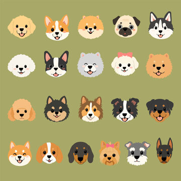 Cute dog breeds face icon set, cartoon puppy avatars vector illustration.