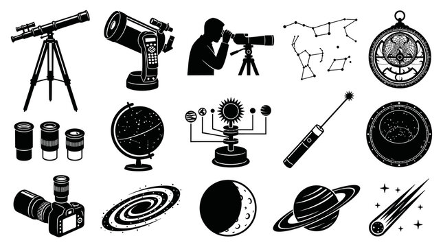 Astronomy and Space Exploration Black and White Glyph Icons Set: Telescopes, Planets, Stars, and Observation Tools