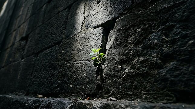 Green plant growing through a crack in a dark stone wall