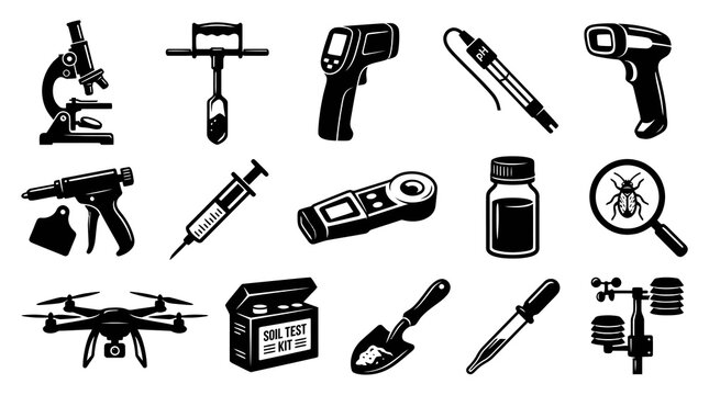 Agriculture Technology Icons: Drone, Microscope, Soil Test, Weather Station, QR Scanner, Insect Magnifier