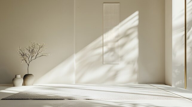 Minimalist Zen interior with warm natural light, delicate botanical shadows, dried branches, and neutral beige walls