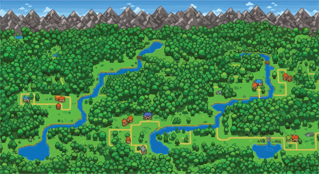 Pixel art fantasy world map, 16-bit retro video game landscape with forest and mountains, vintage RPG overworld vector background