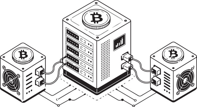 Isometric bitcoin mining server farm with hardware equipment and digital network