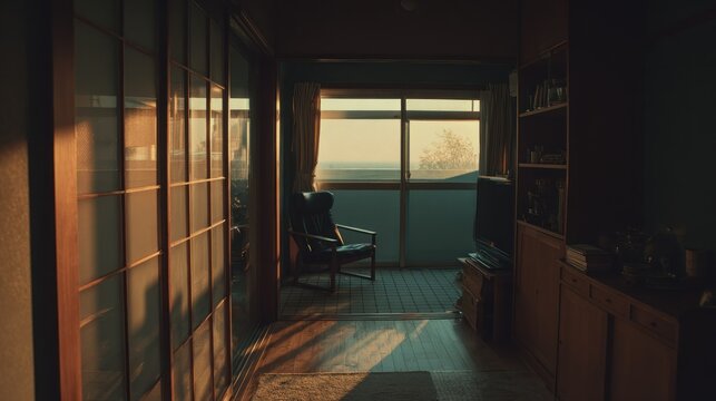 Sunlight streams through the window illuminating the interior hallway of a dwelling during the late afternoon