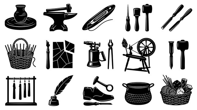 Black and White Vector Silhouette Icons: Traditional Artisan Crafts and Workshop Tools Collection