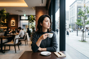 Fototapeta premium カフェの窓際でコーヒーを飲みながらくつろぐ女性 Generative AI