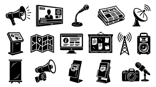 Black and White Glyph Icons Set for Information, Communication, News, Media, and Marketing