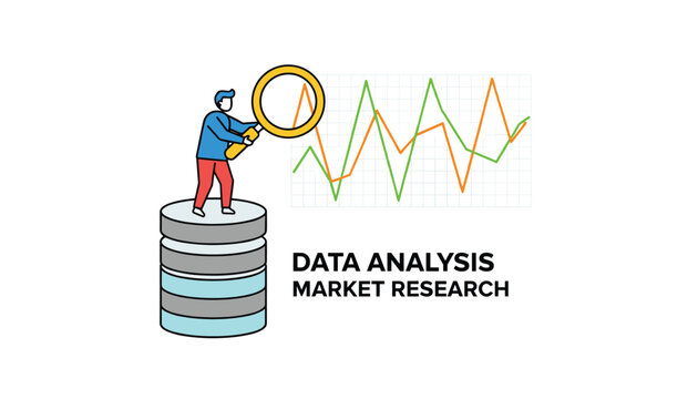 Data analyst standing on a database server and using a magnifying glass to examine market research graphs for business insights.