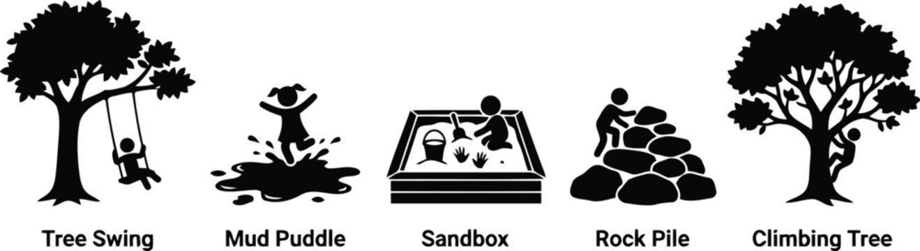 Set of children playing outdoors icons, including tree swing, mud puddle, sandbox, rock pile, and climbing tree