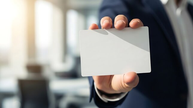 Businessman holding blank white business card close up in modern office