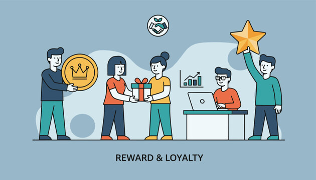Diverse group of people receiving gifts and rewards as part of a customer loyalty program in a business environment.