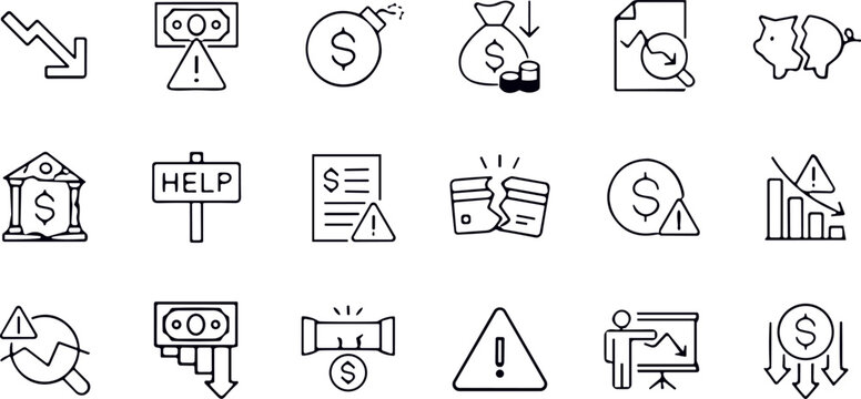 Economic Crisis and Financial Bankruptcy Line Icon Set for Money Loss Inflation Risk and Market Downfall
