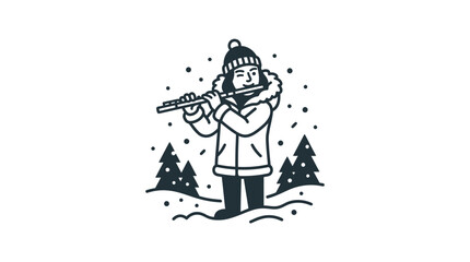 A line art illustration of a person playing the flute while wearing a winter coat and hat. © Dhii