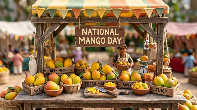 Miniature market stall with fresh mangoes and a vendor, celebrating 'National Mango Day'