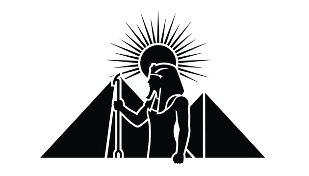 Black silhouette of an ancient egyptian pharaoh standing in front of pyramids under a bright sun with rays.