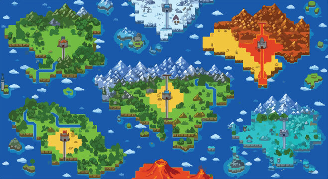 Pixel art fantasy world map, retro 8-bit video game islands with biomes, vintage gaming level design vector, colorful RPG landscape background