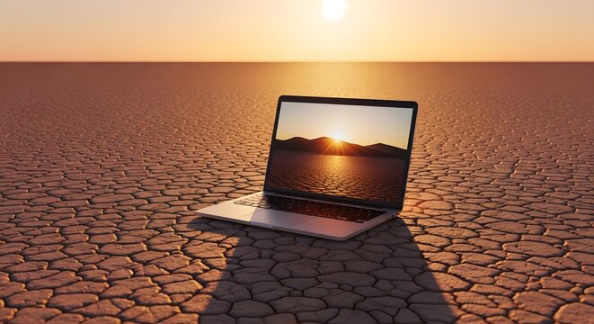 Laptop computer on dry cracked desert ground with sunset landscape on screen