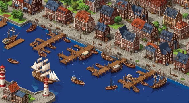 Isometric medieval harbor town vector, historic port city with wooden docks and sailing ships, vintage coastal village architecture