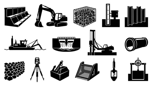Civil Engineering, Construction and Water Management Heavy Equipment Black and White Icons Set