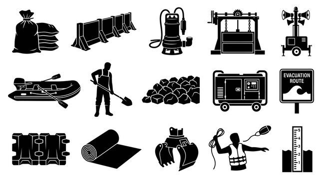 Black Glyph Flood Management Icons: Disaster Relief Equipment, Emergency Tools, and Safety Measures Collection