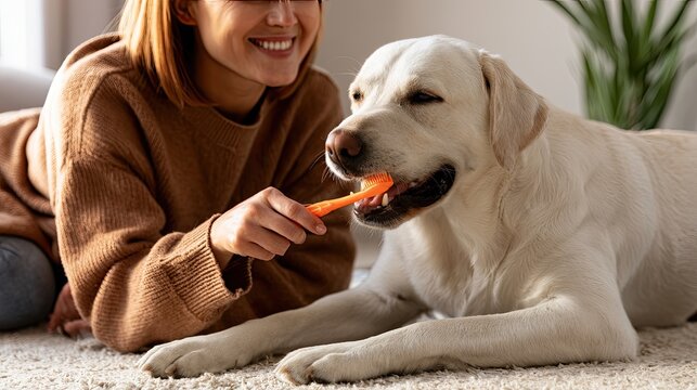 Dog owners clean their pet's teeth for good oral hygiene.