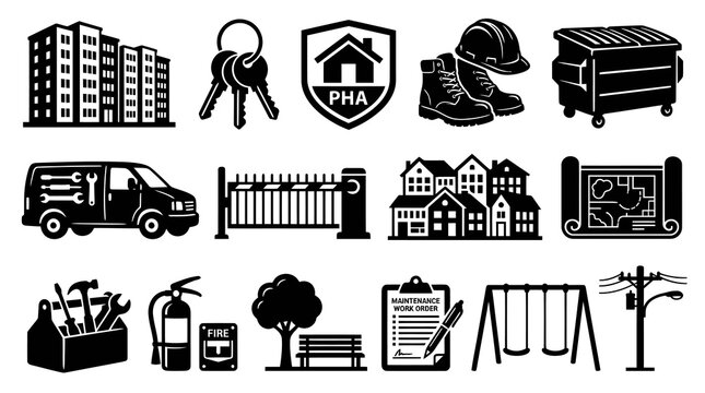 Residential Property Management Icons: Buildings, Keys, Tools, Safety, Maintenance