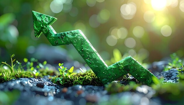 A green, textured arrow rises from the ground amidst greenery and sunlight