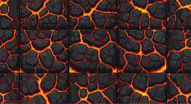 Volcanic lava texture tiles, seamless cracked magma ground vector, glowing orange fire and dark basalt rock pattern for game design
