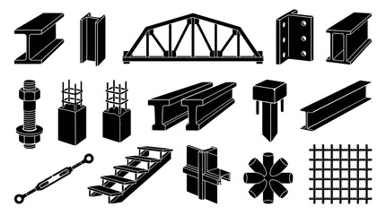 Naklejka premium Construction Engineering Materials Structural Elements Black White Vector Glyphs Set