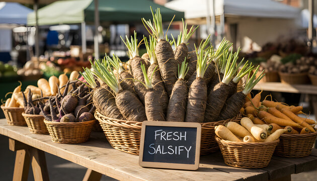 Fresh salsify and roots displaying at farmers market stall
