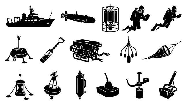 Oceanography Marine Science Black  White Glyph Icons Set. Underwater Exploration  Research Equipment Silhouettes