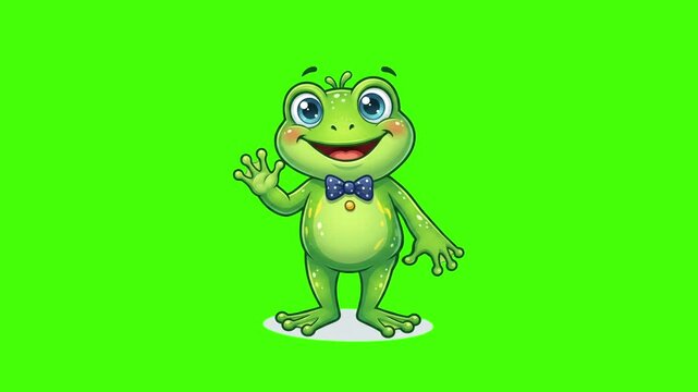 Cute Cartoon Frog Mascot Waving Animation on Green Screen &ndash; Character Greeting Motion Graphic