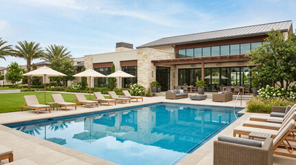 Fototapeta premium Swimming pool area features contemporary stone architecture with rows of sun loungers under white umbrellas in a sunlit resort setting.