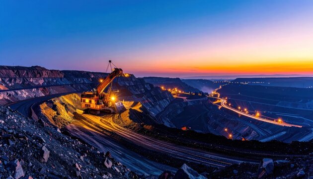 Illuminated mining site at dusk with heavy industrial equipment.