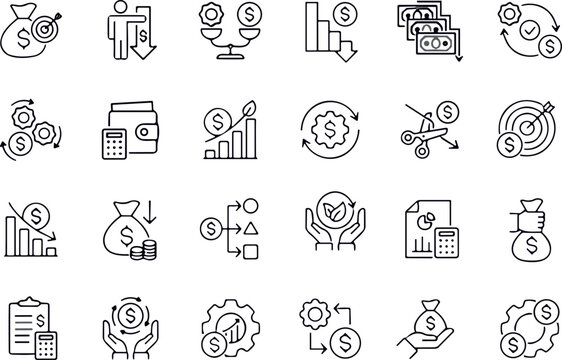Financial Cost Control and Expense Reduction Icon Set for Business Management Budgeting and Finance Planning