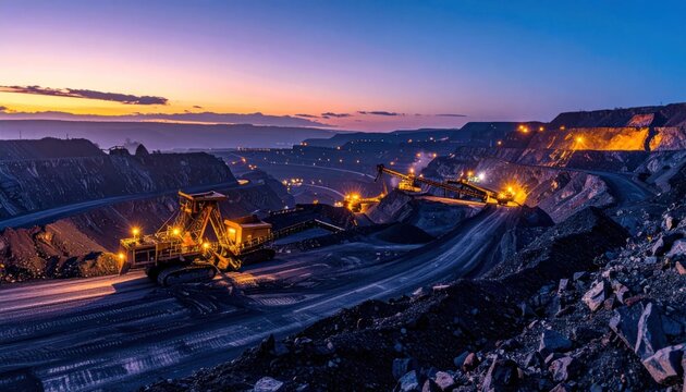 Industrial open pit mine at sunset with heavy machinery.