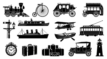 Obraz premium Vintage Transportation and Travel Icons Set. Black and White Silhouettes of Retro Vehicles, Luggage, and Navigation Glyphs.
