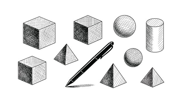 Collection of three dimensional geometric shapes including cubes and spheres rendered in a classic hand drawn pen sketch style.