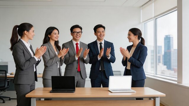 Diverse business team clapping and celebrating success in modern office, professional corporate group standing together with laptops on desk